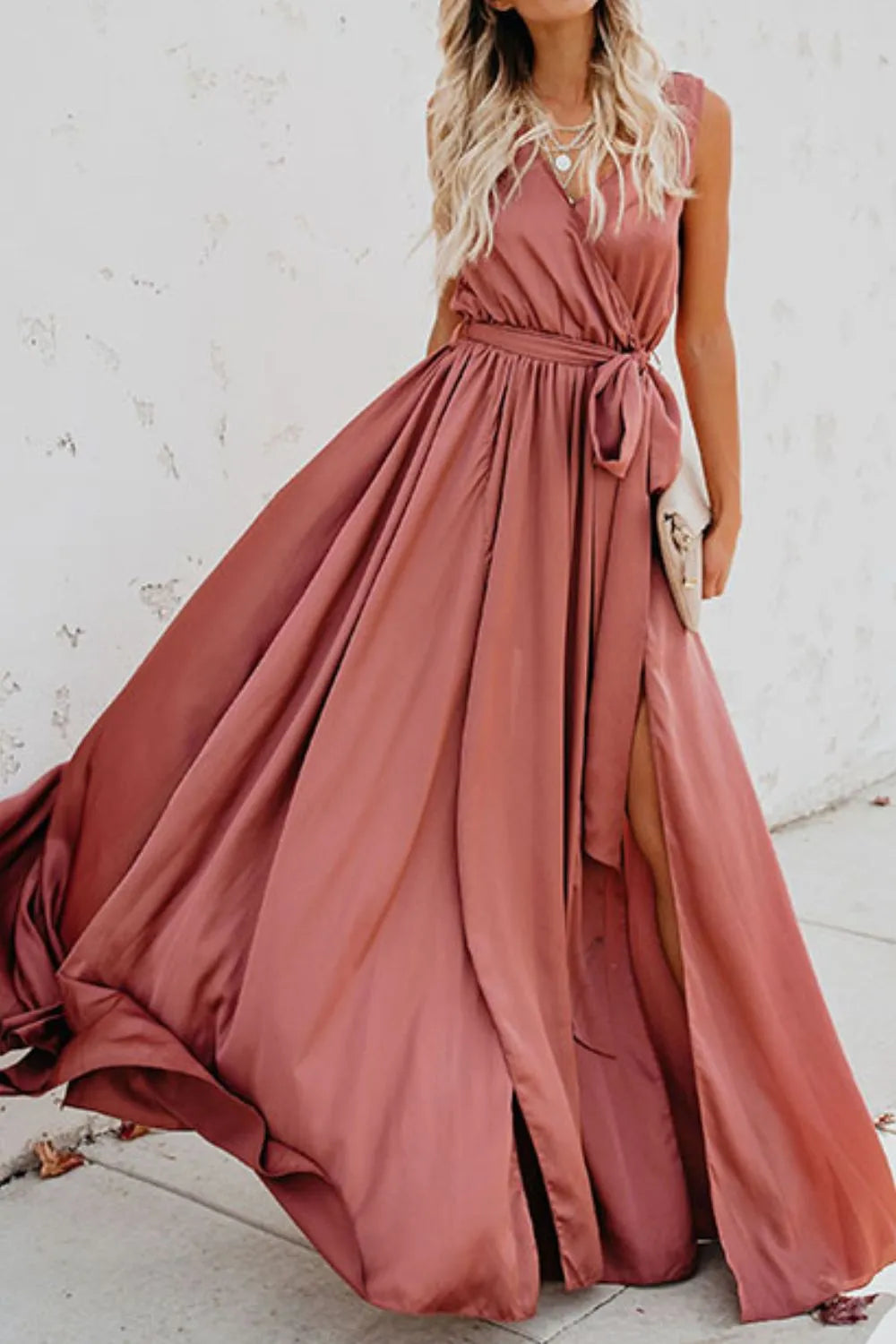 Surplice tie waist maxi dress fabric detail