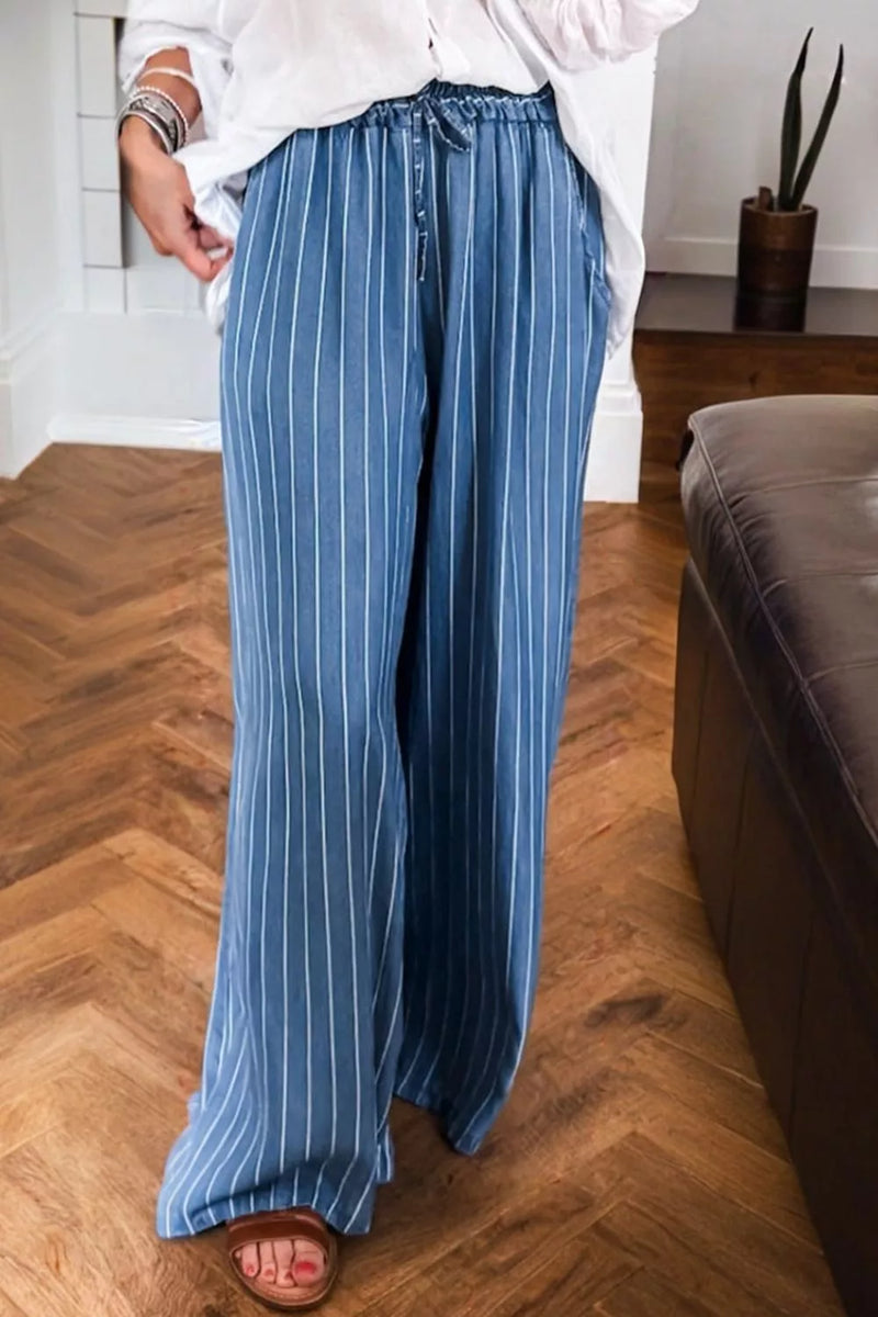 Stripe chambray wide leg jeans front view