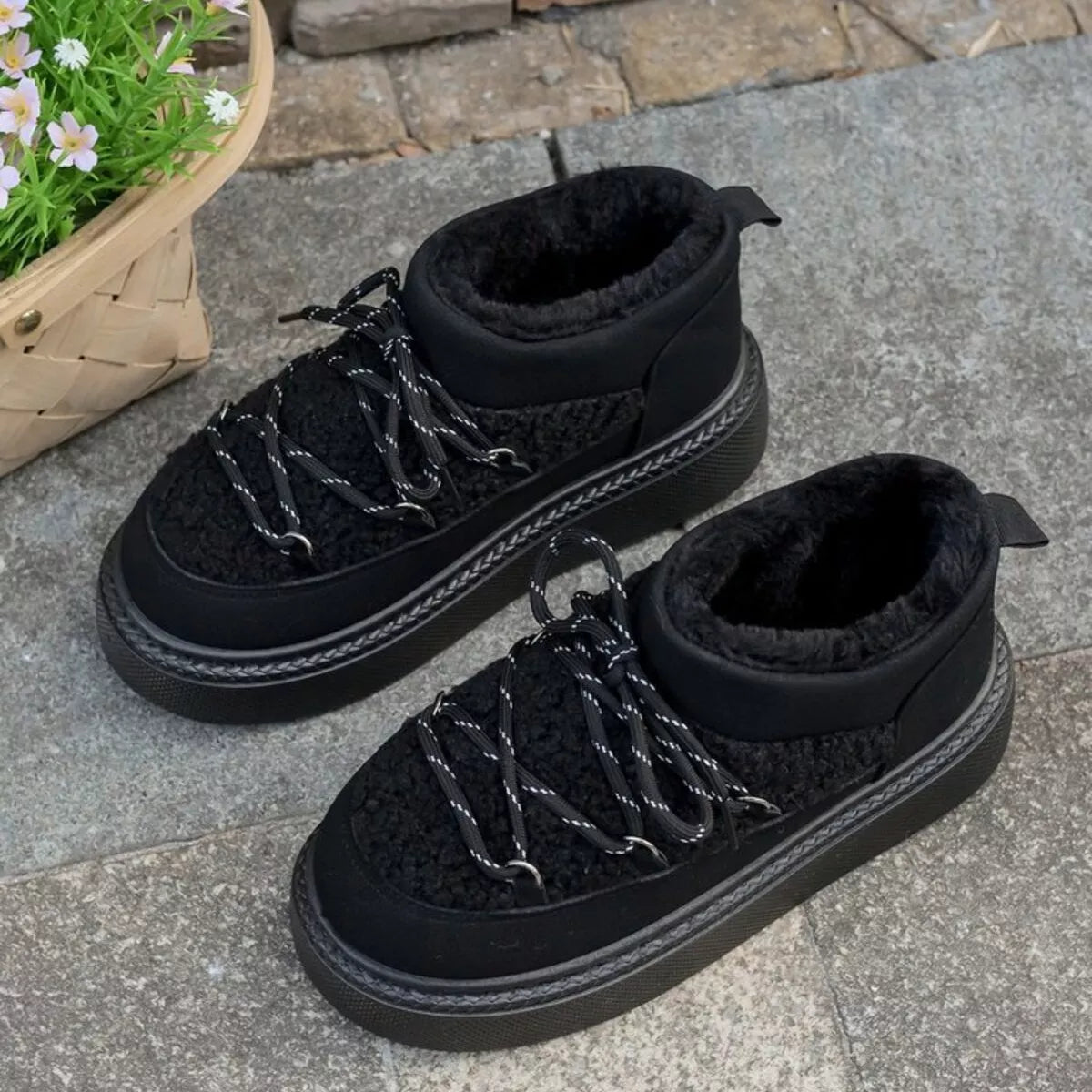 plush lined lace up platform winter boots styled on model