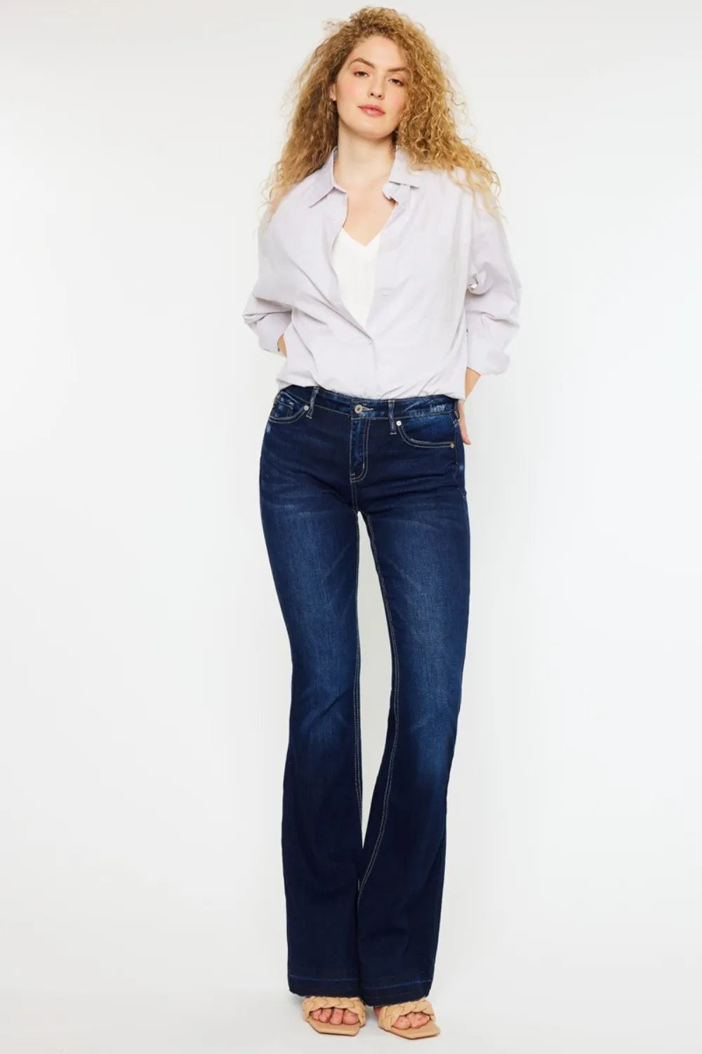 Kancan Mid Rise Slim Flare Jeans – Dark Stonewash Denim Dark - Fashorio