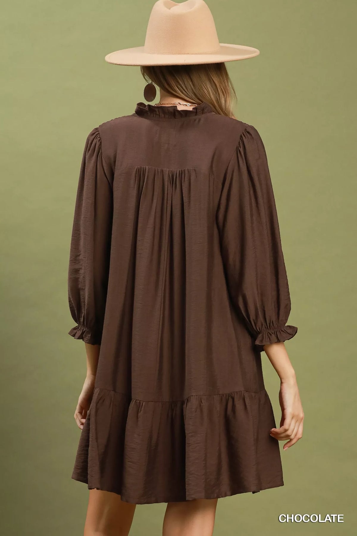 Chocolate smocked ruffle tiered mini dress back view