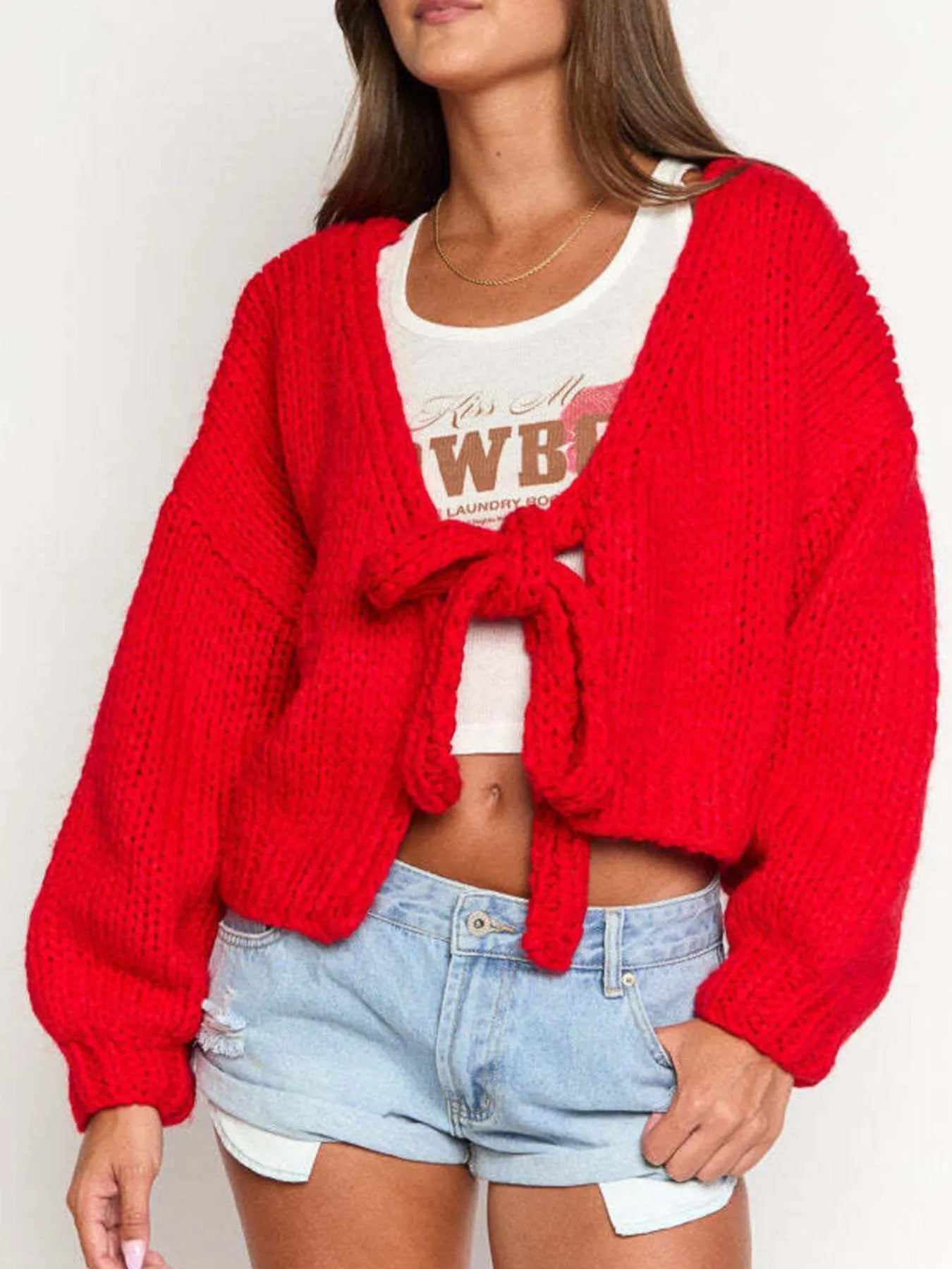 Tied Drop Shoulder Cardigan - Fashorio