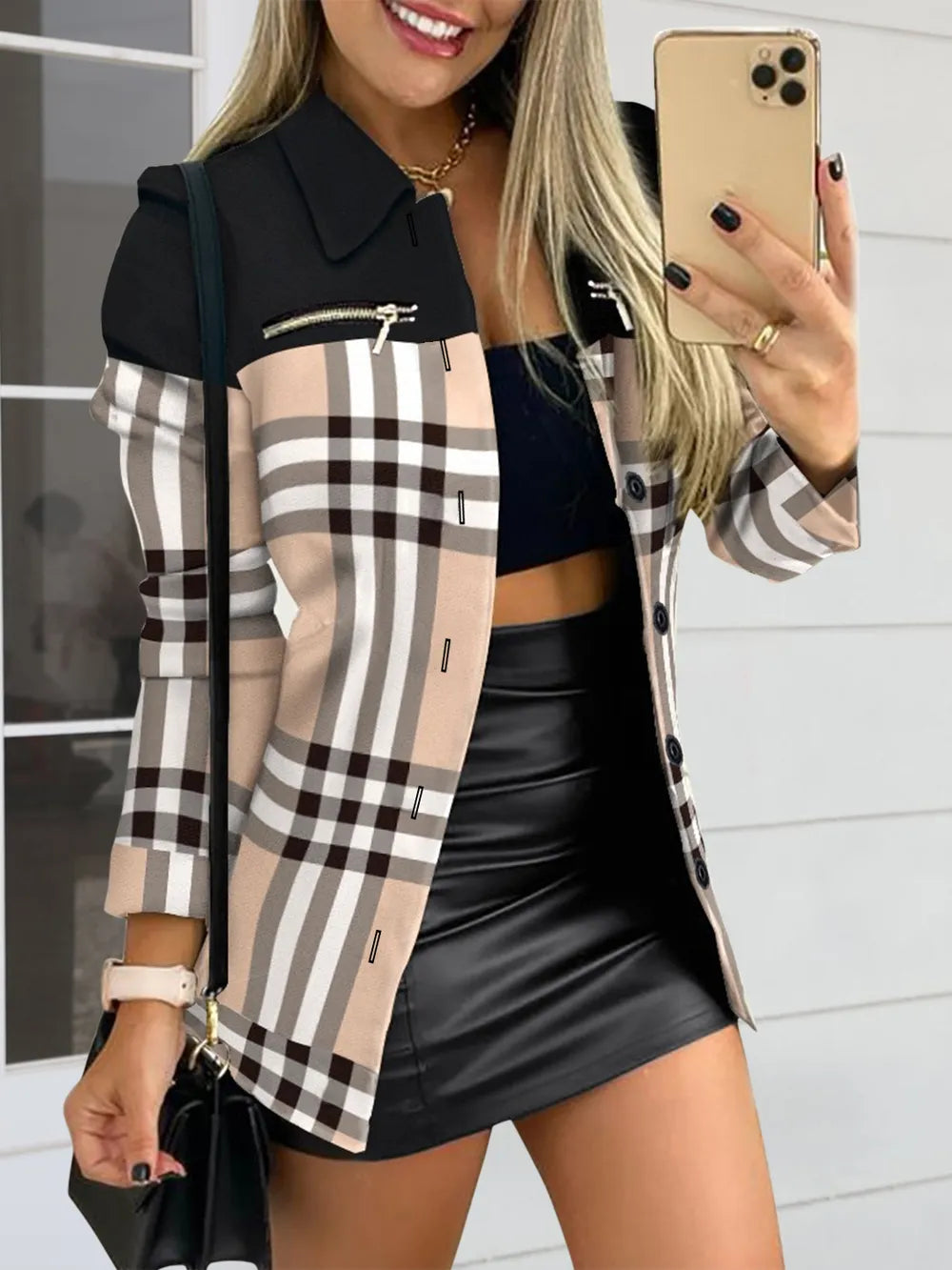 Printed Button Up Zip Detail Shacket Tan - Fashorio
