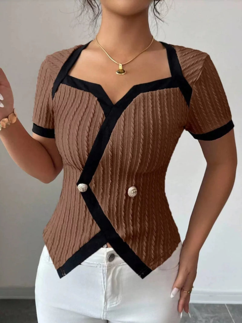 Dark brown contrast trim short sleeve tee front view