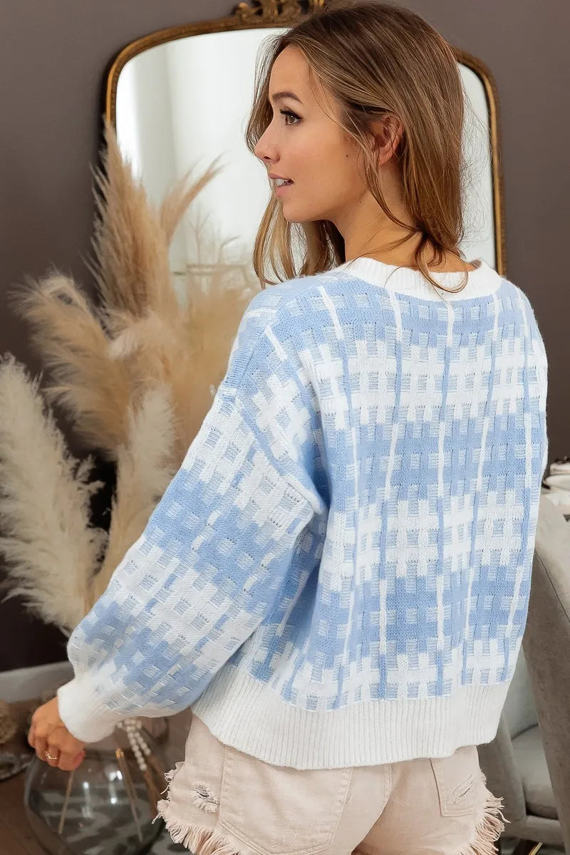 Grid Texture V Neck Ribbed Sweater on model