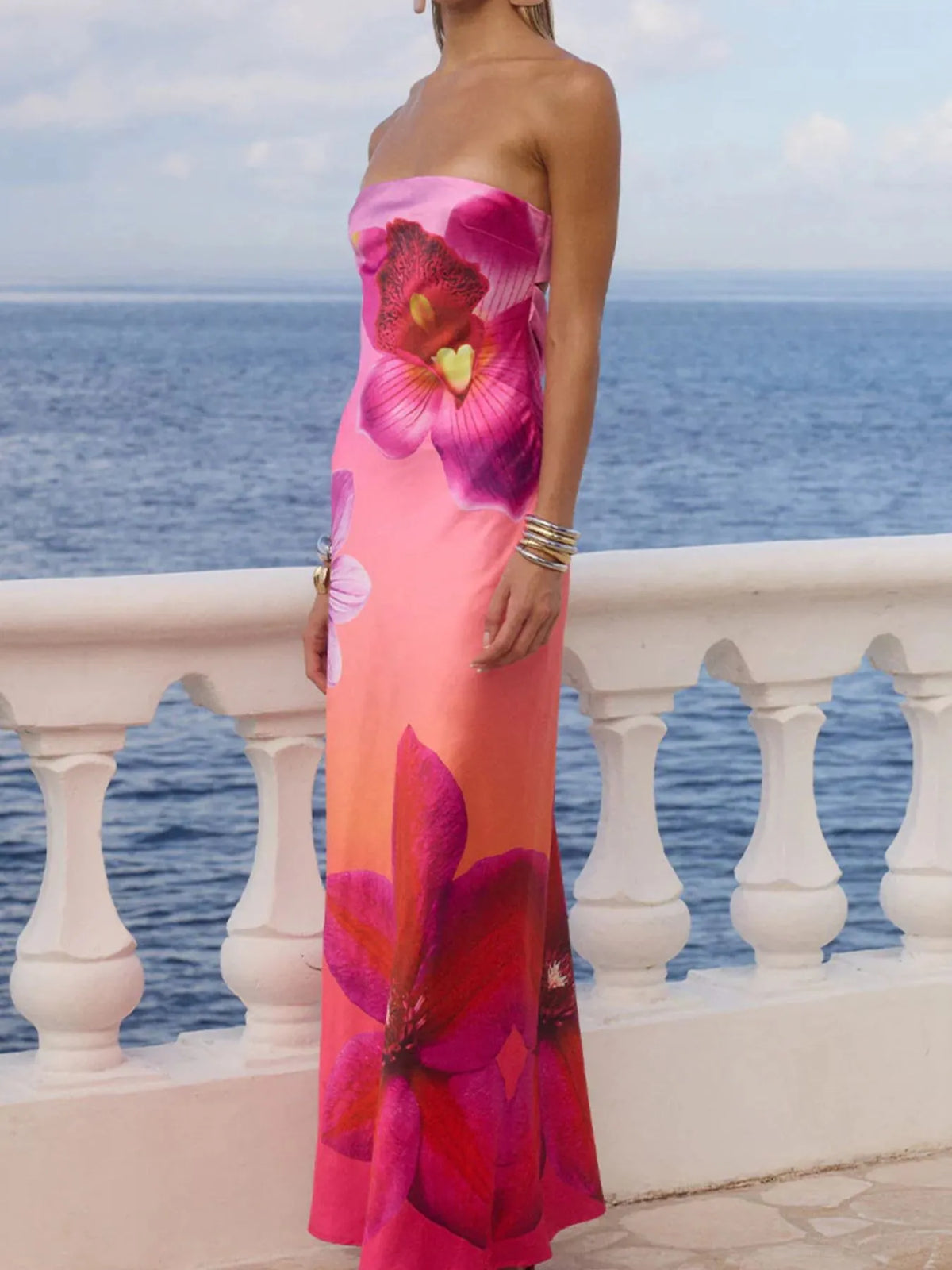 Printed strapless tube maxi dress front view