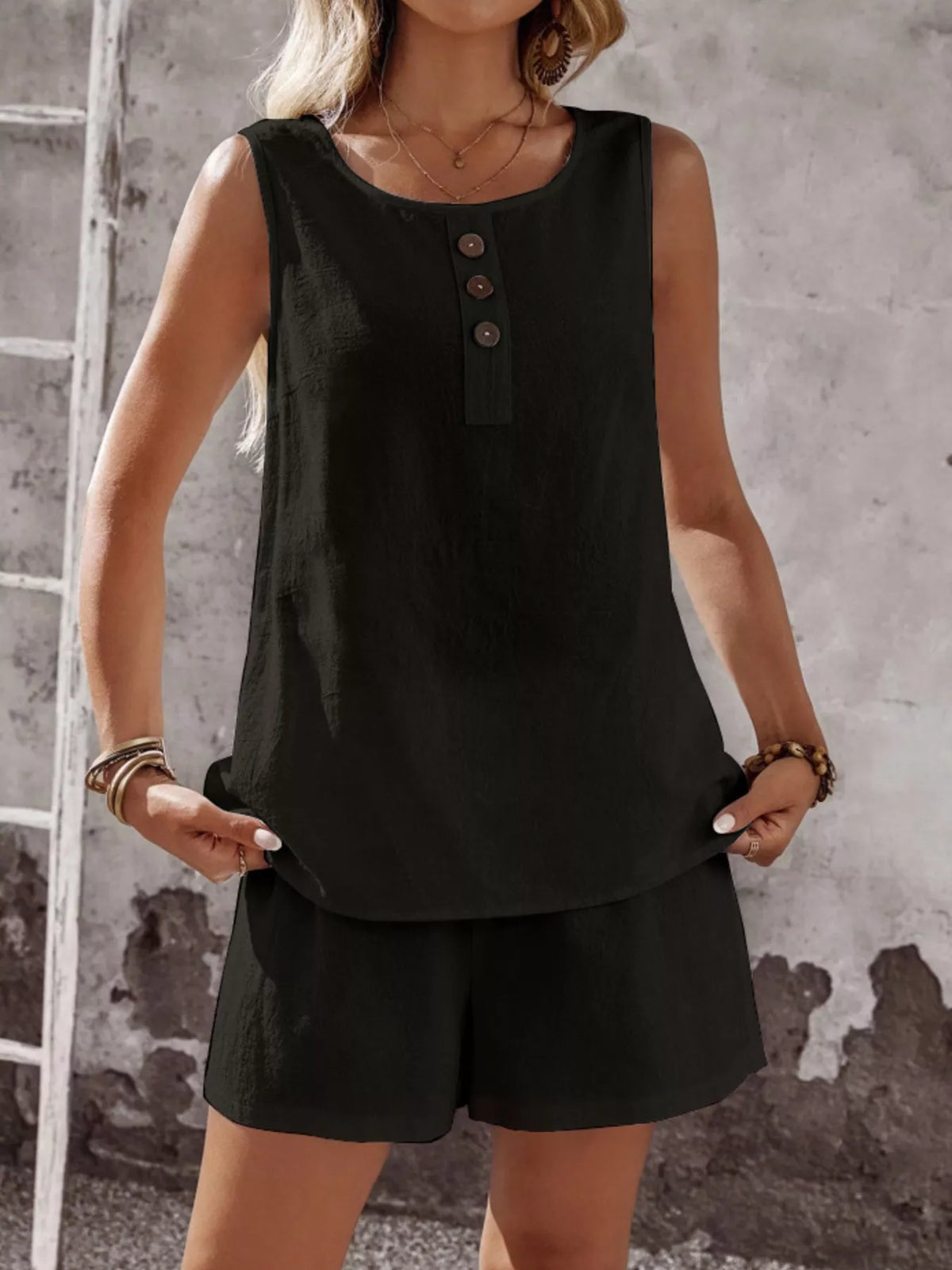 Decorative Button Round Neck Tank and Shorts Set, view 6