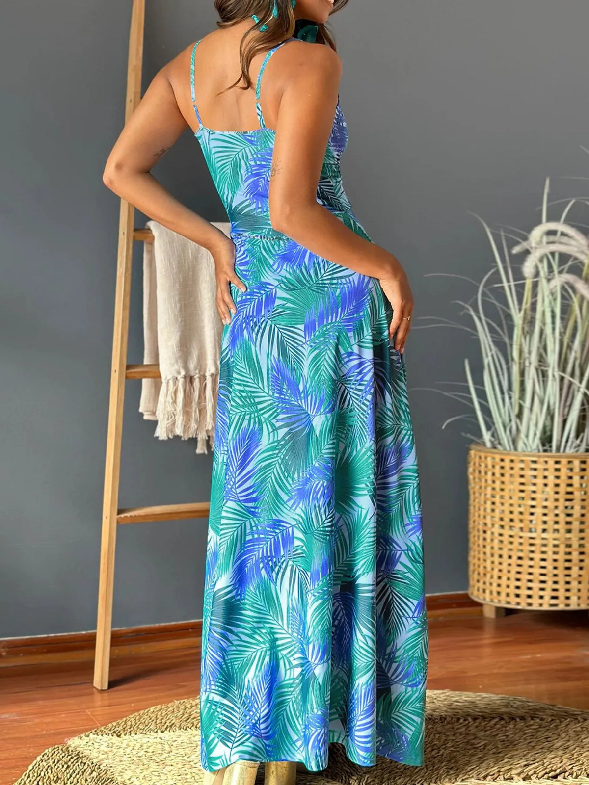 Tropical print v neck maxi dress, full length styling