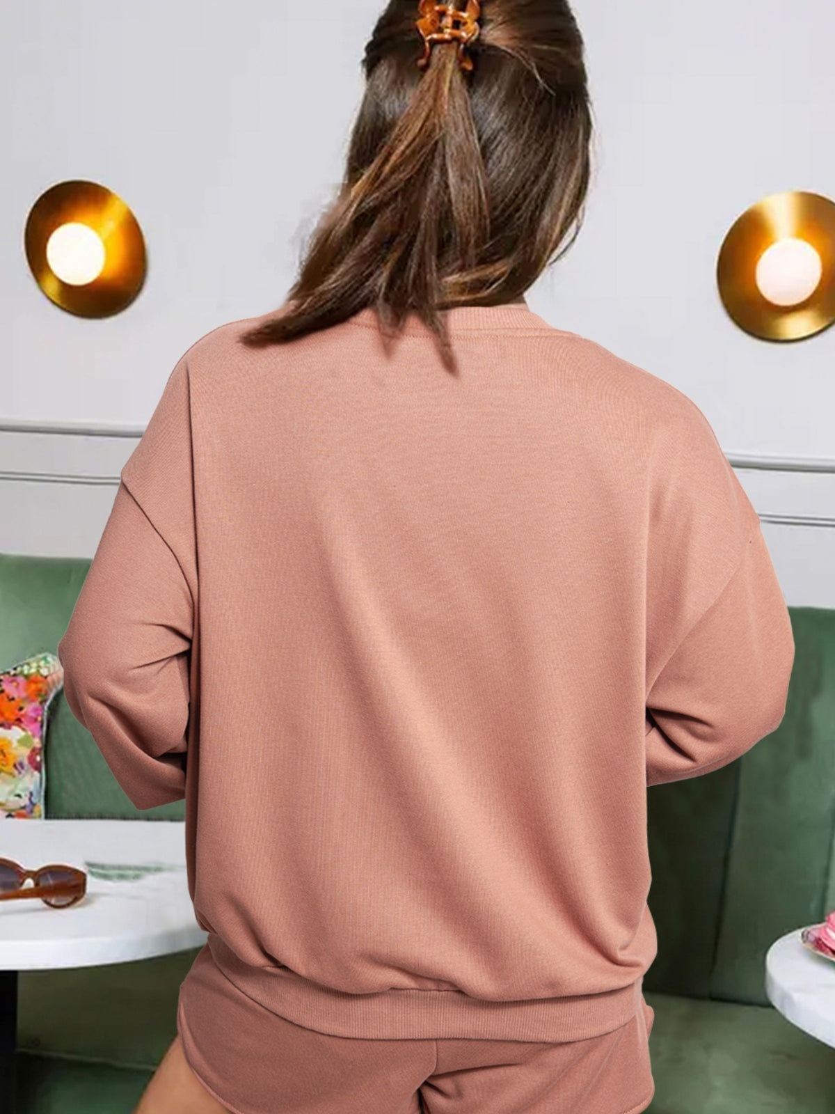 Sequin round neck sweatshirt and matching shorts coordinated set