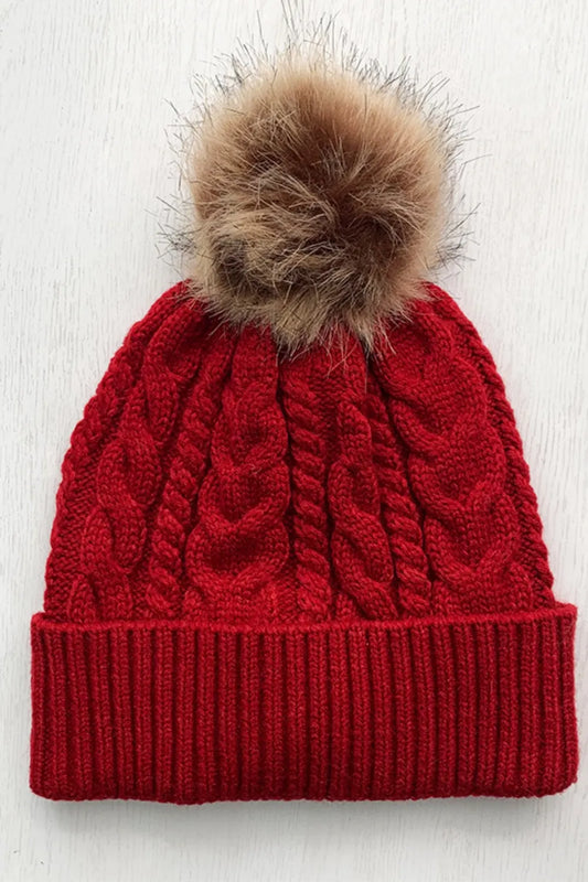 Cable-Knit Cuffed Hat with Pom-pom Scarlet One Size - Fashorio