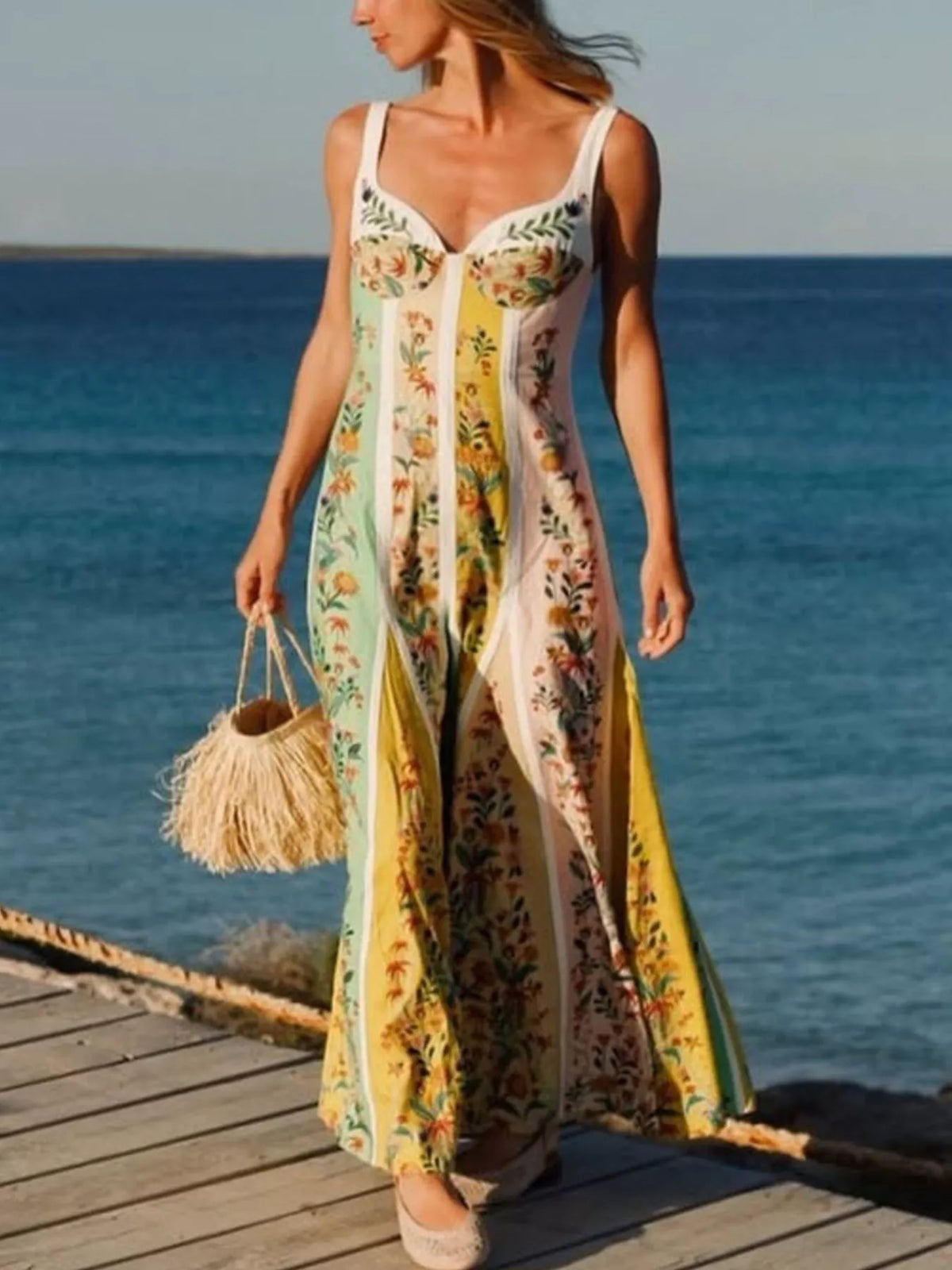 Floral sweetheart neck maxi dress side view