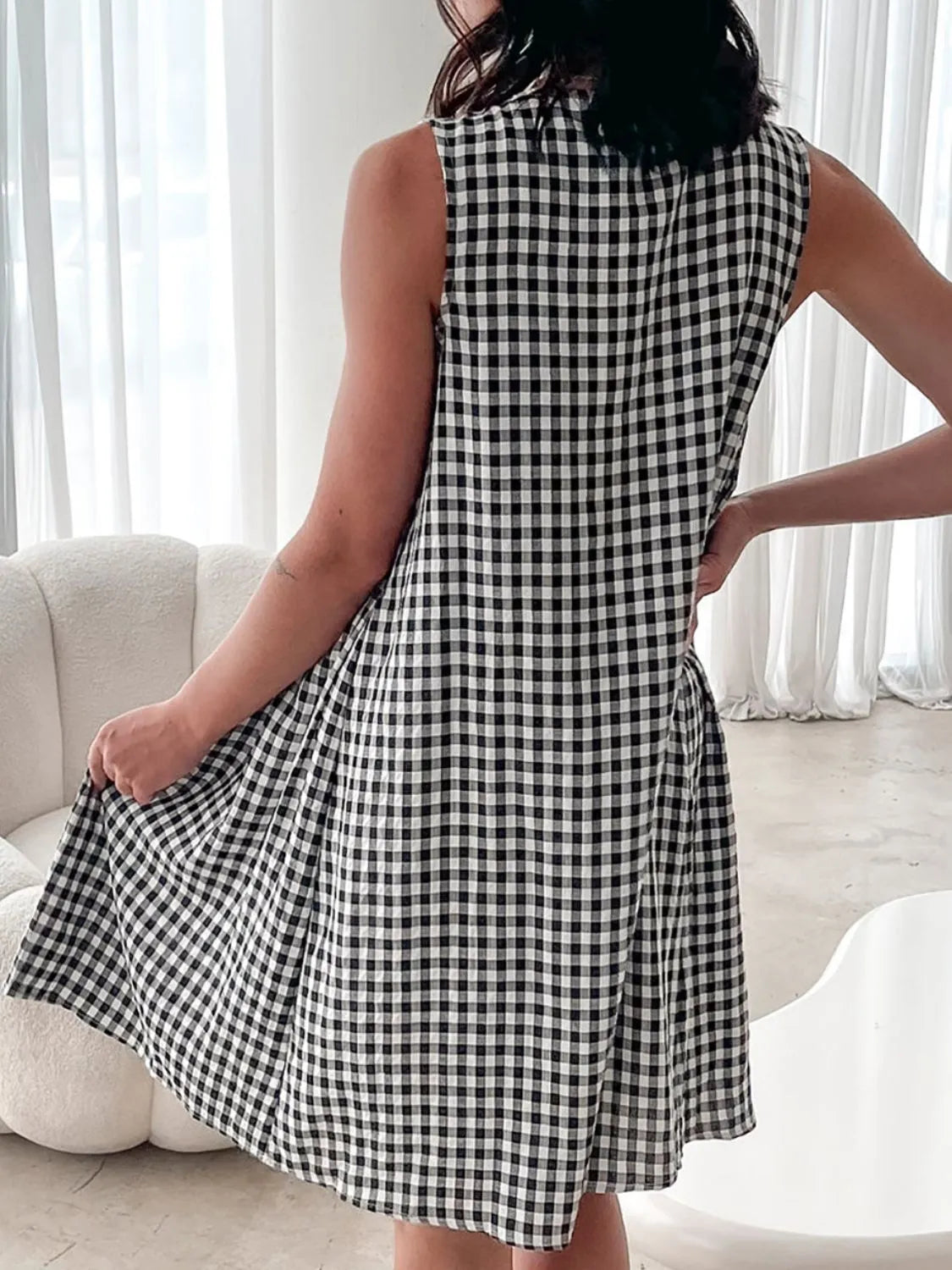 Plaid Tie Front Sleeveless Dress in Black view 9