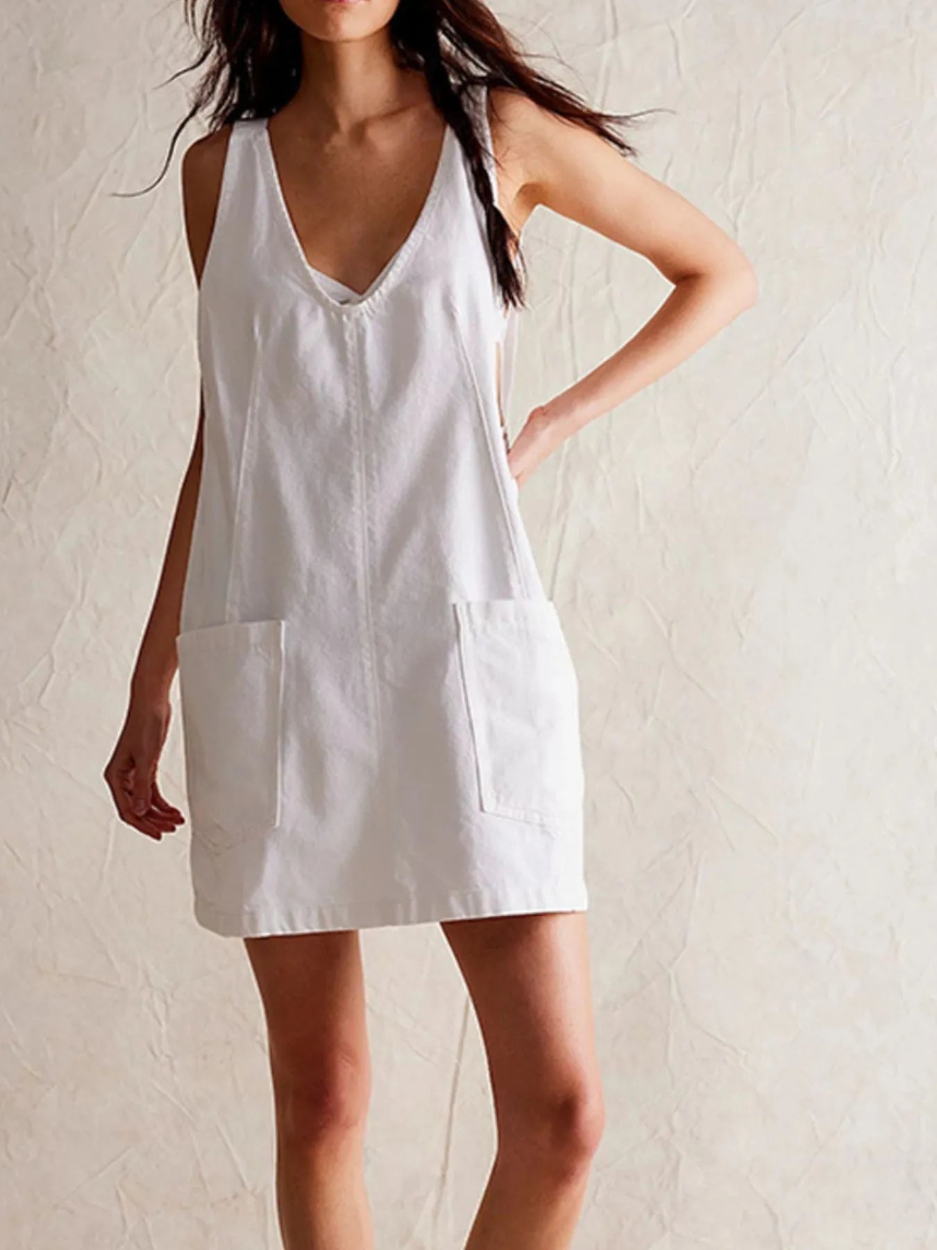 Oversized V-Neck Denim Tank Dress with Front Pockets White - Fashorio