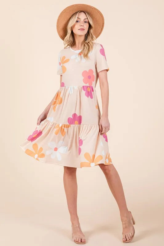 Floral Tiered Short Sleeve Dress in Apricot