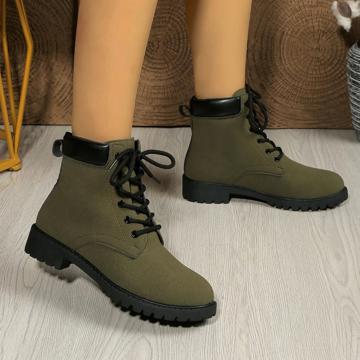 black lace up block heel boots back view