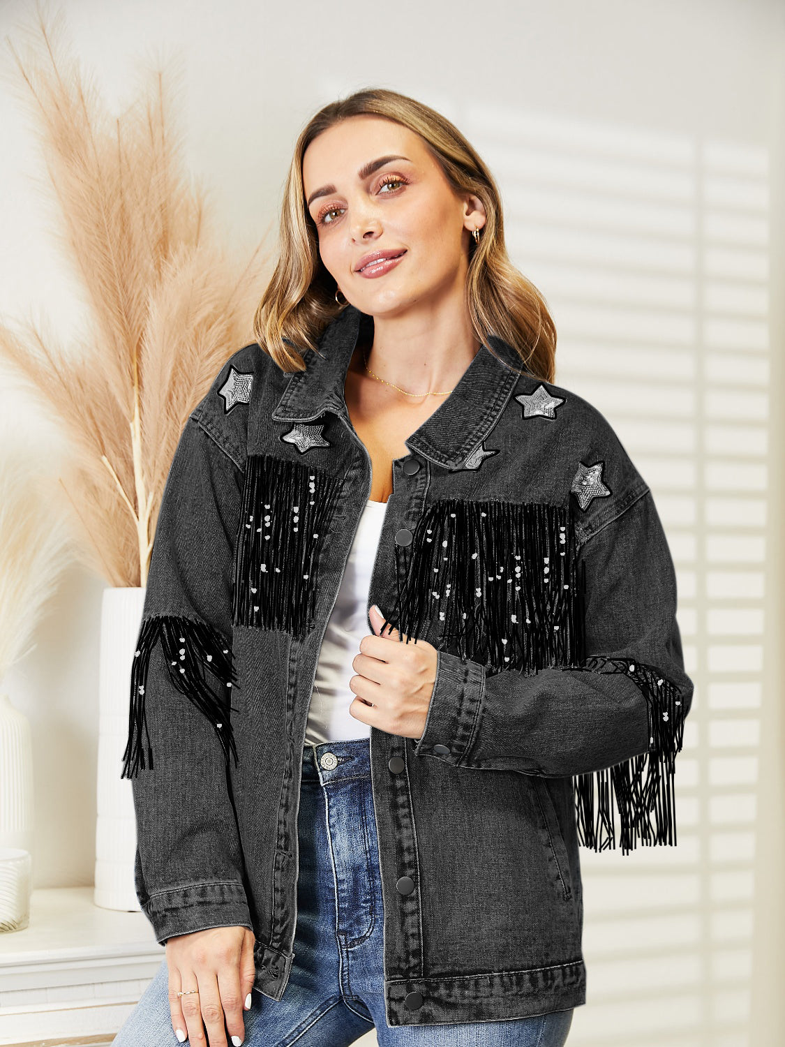Fringe Detail Long Sleeve Denim Jacket Black - Fashorio
