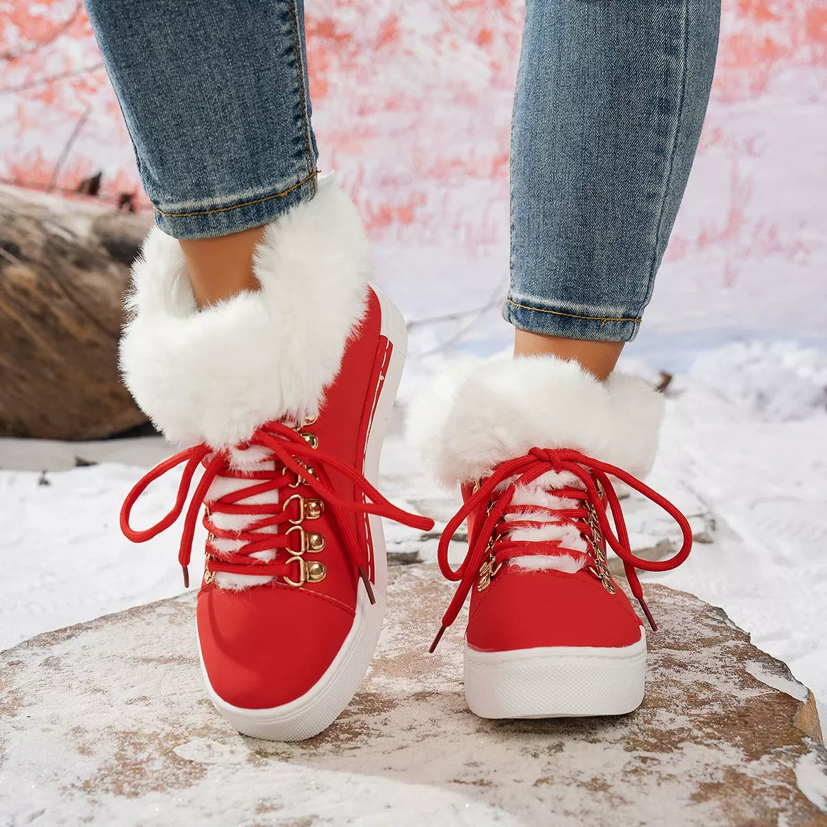 Fuzzy trim lace up ankle boots side view of the shaft