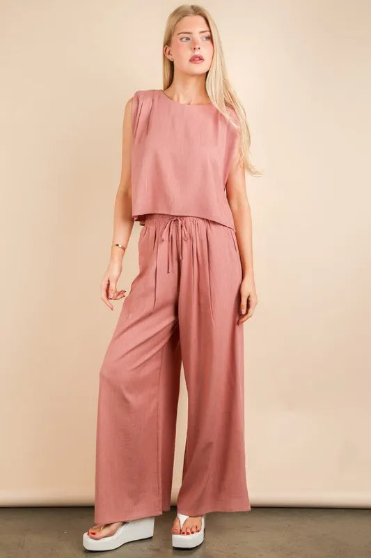 VERY J Solid Woven Top & Pants Set - Fashorio