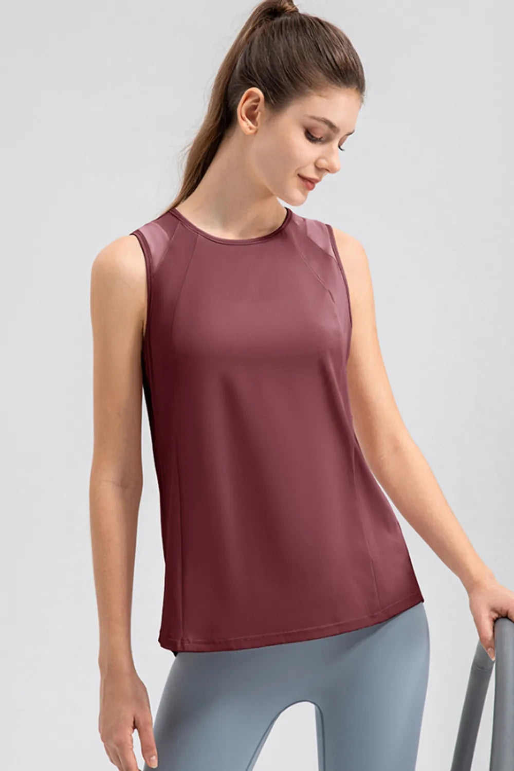 Round Neck Wide Strap Active Tank full length view 13