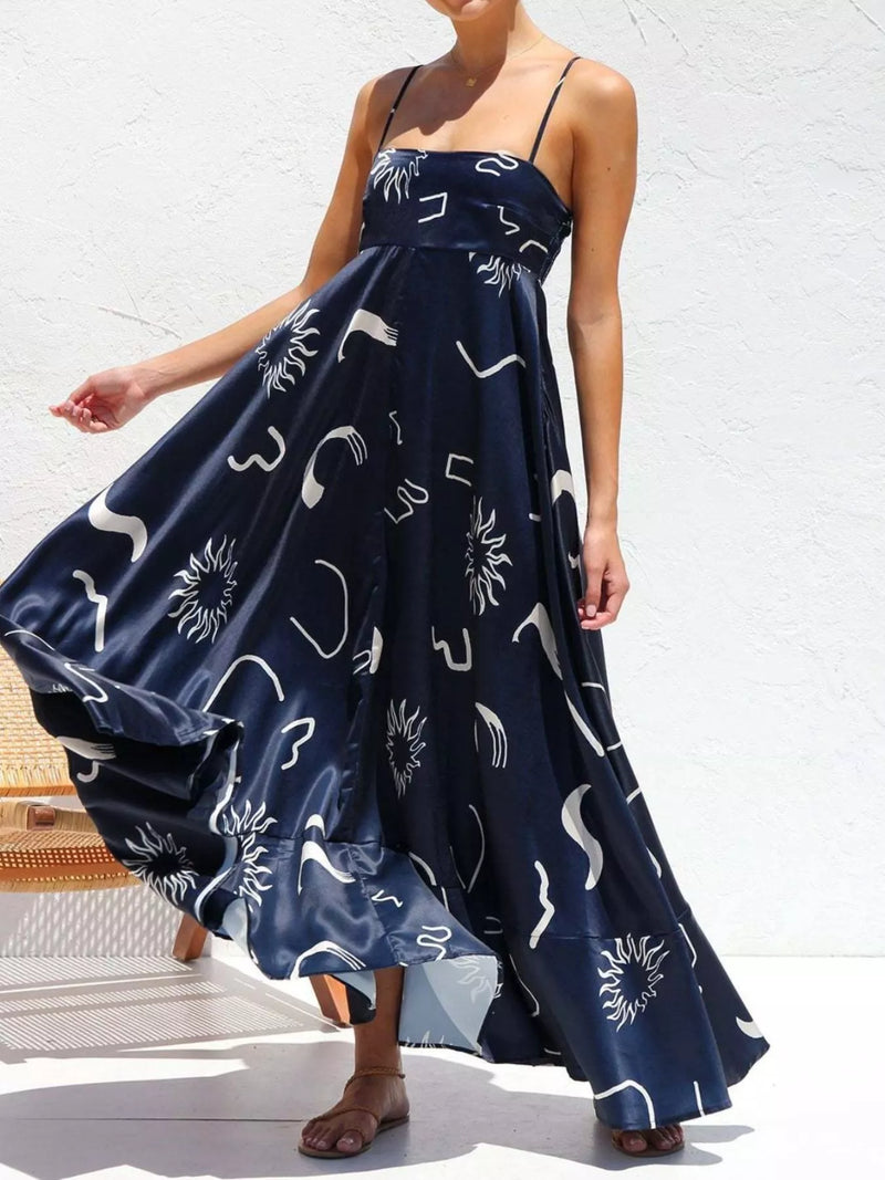 printed spaghetti strap maxi dress front view