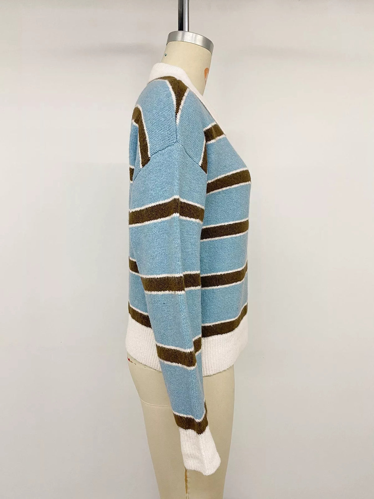 Striped Button Polo Collar Sweater in Blue view 12