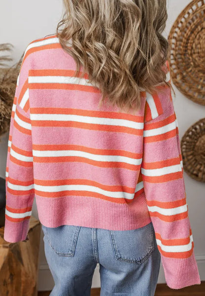 Striped Button Down Long Sleeve Cardigan - Fashorio
