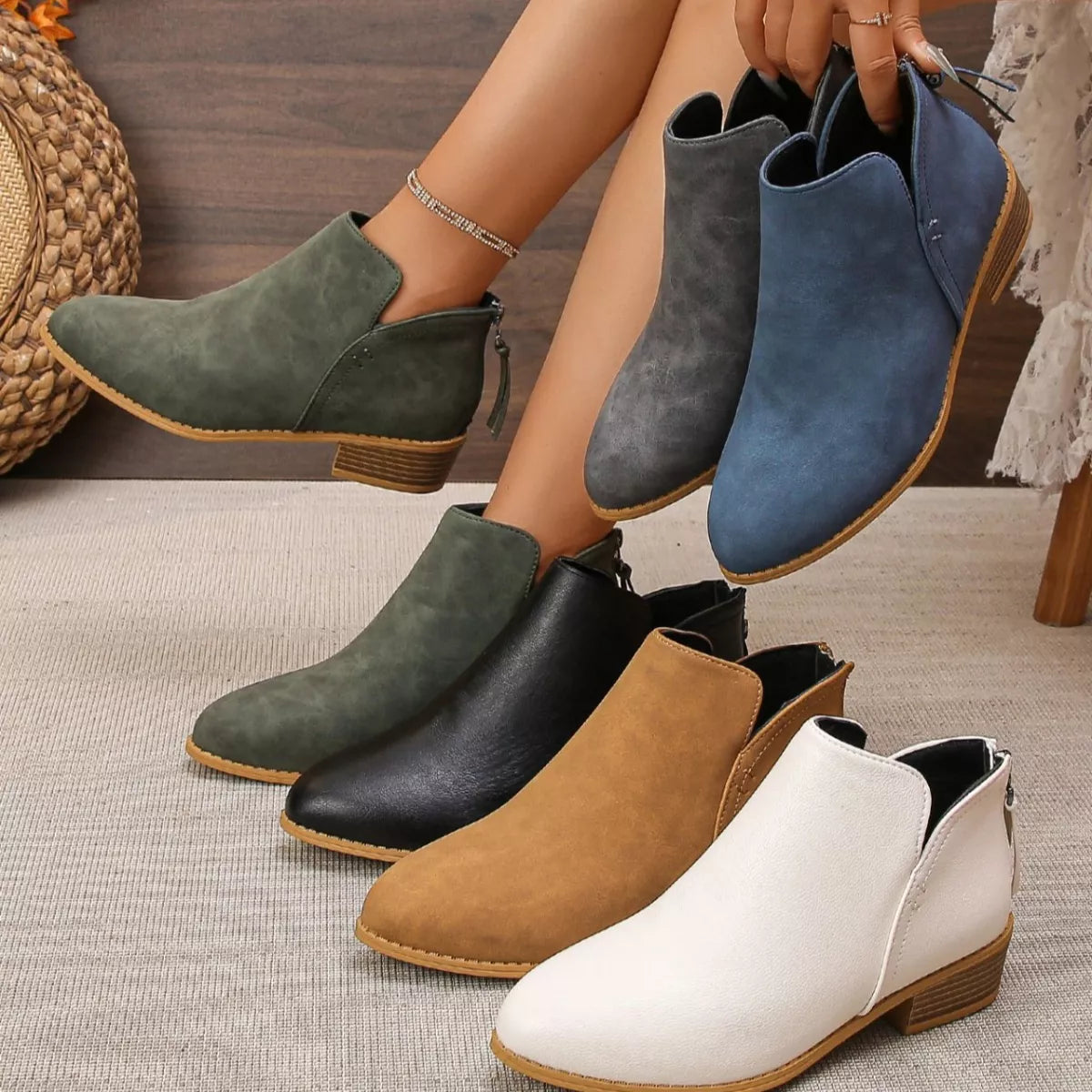 Point toe block heel ankle boots front view