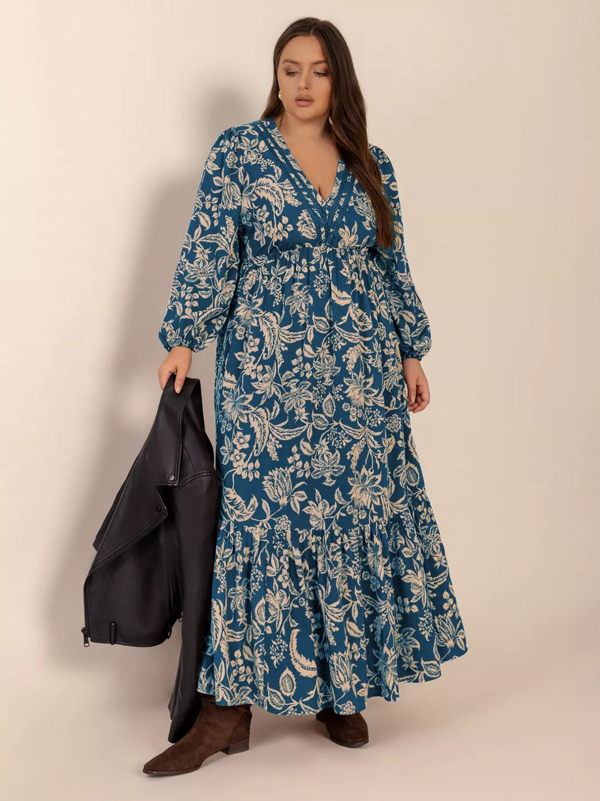 Peacock Blue plus size boho floral long sleeve maxi dress, full length styling