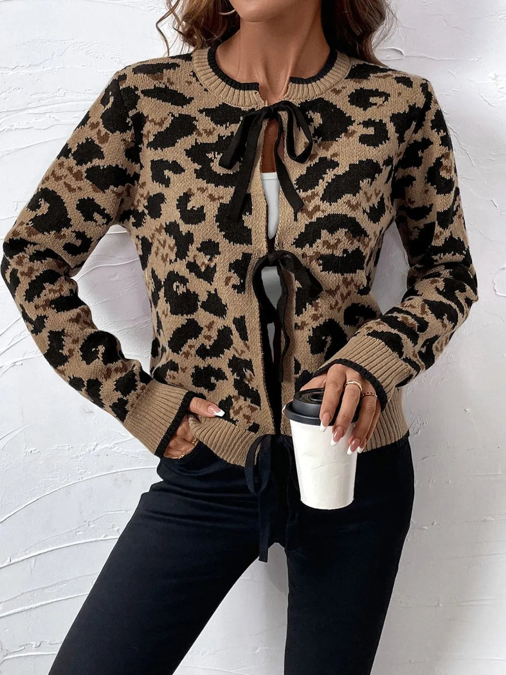 Leopard print cardigan knit texture close up