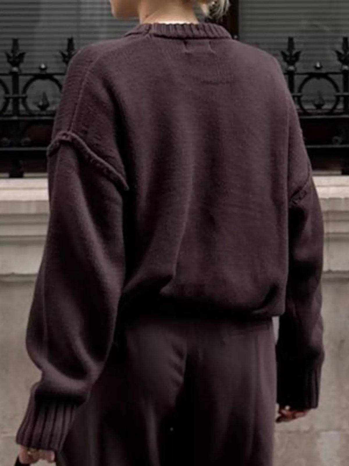 Round Neck Dropped Shoulder Sweater knit texture detail