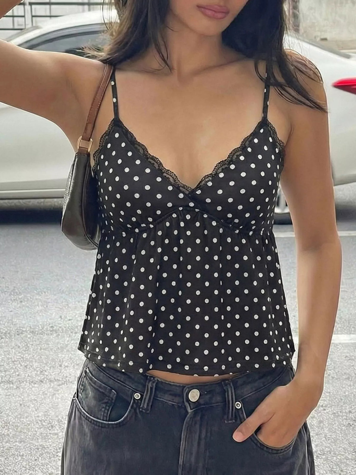Sable polka dot lace trim cami in black front view