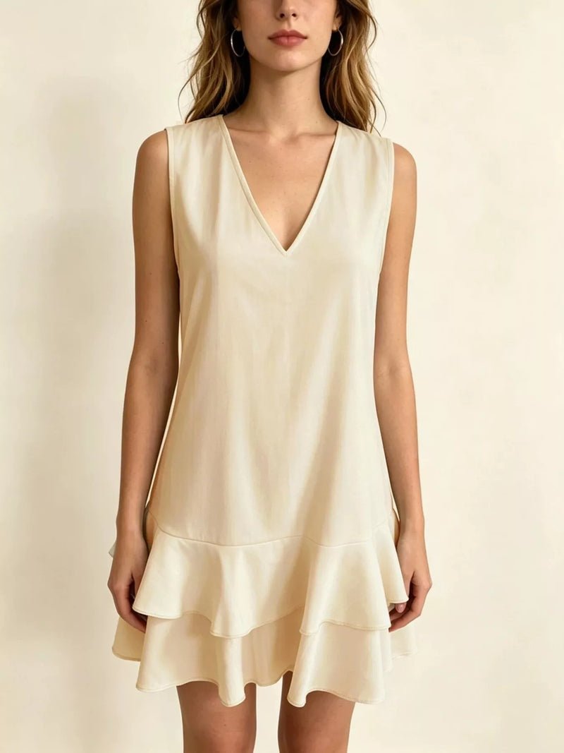 Sleeveless V neck tiered ruffle mini dress front view