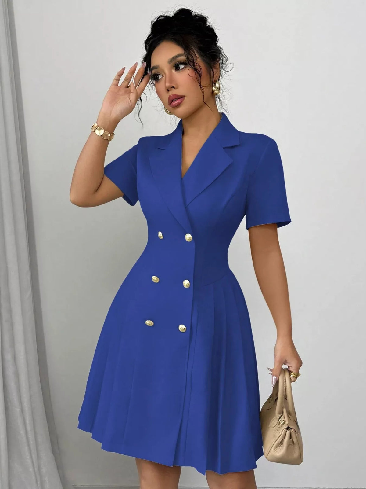 Double breasted pleated blazer dress detail view