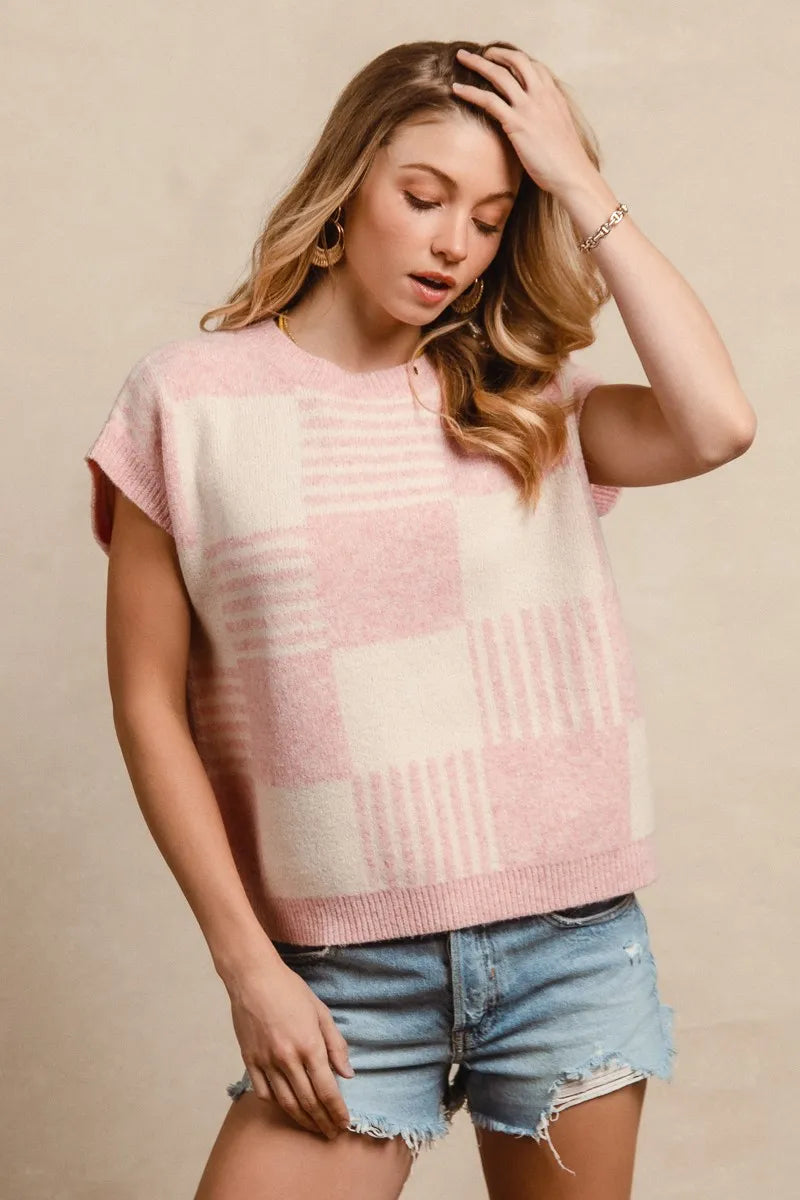 Blush Check and Stripe Sleeveless Sweater view 10