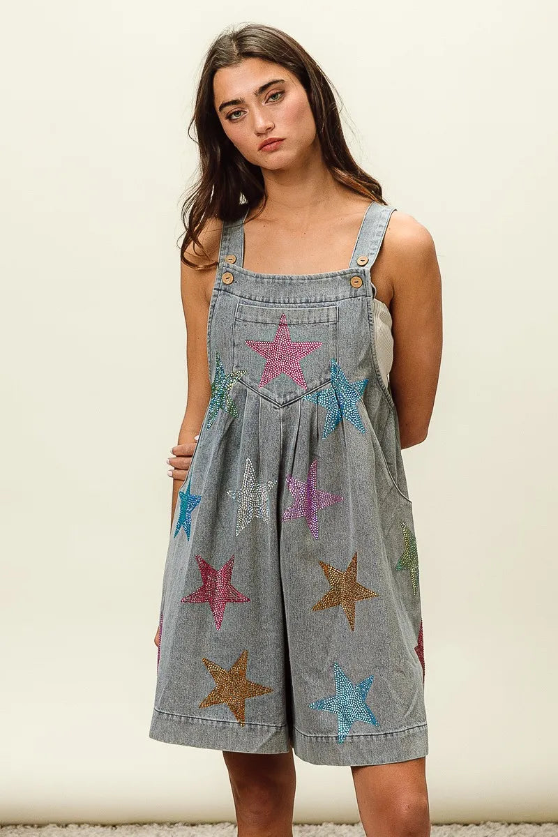 BiBi Star Rhinestone Washed Wide Leg Shortalls - Fashorio
