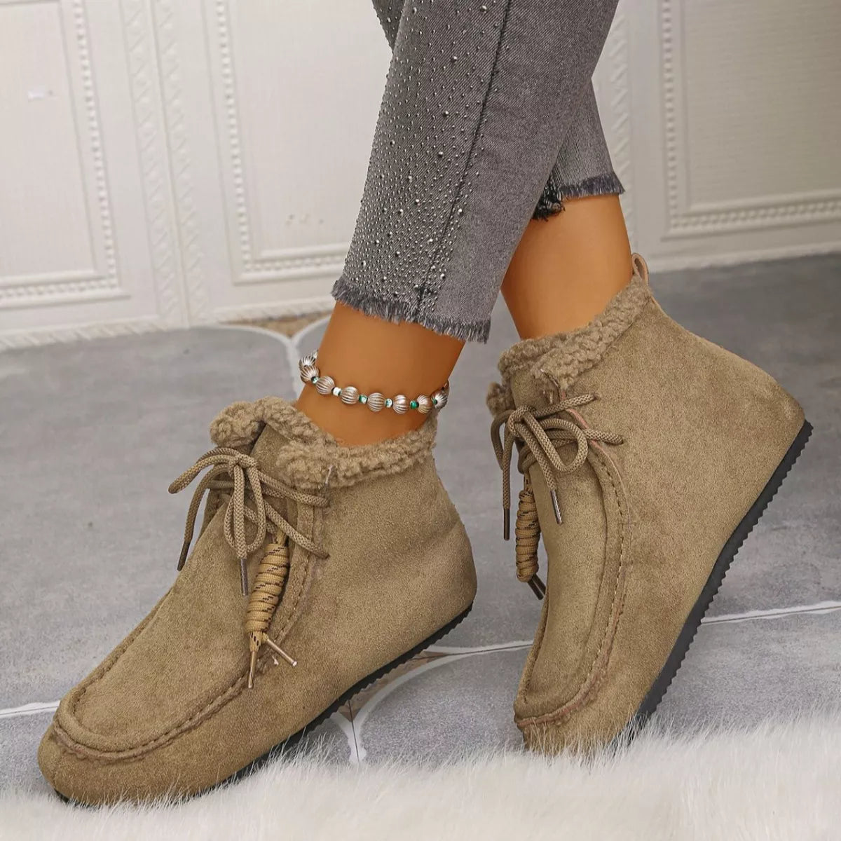 Plush lined ankle boots top down view