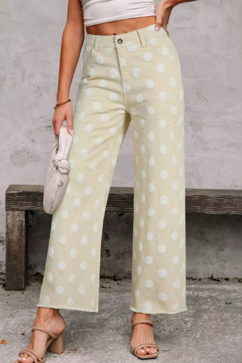 Polka dot high waisted wide leg jeans front view