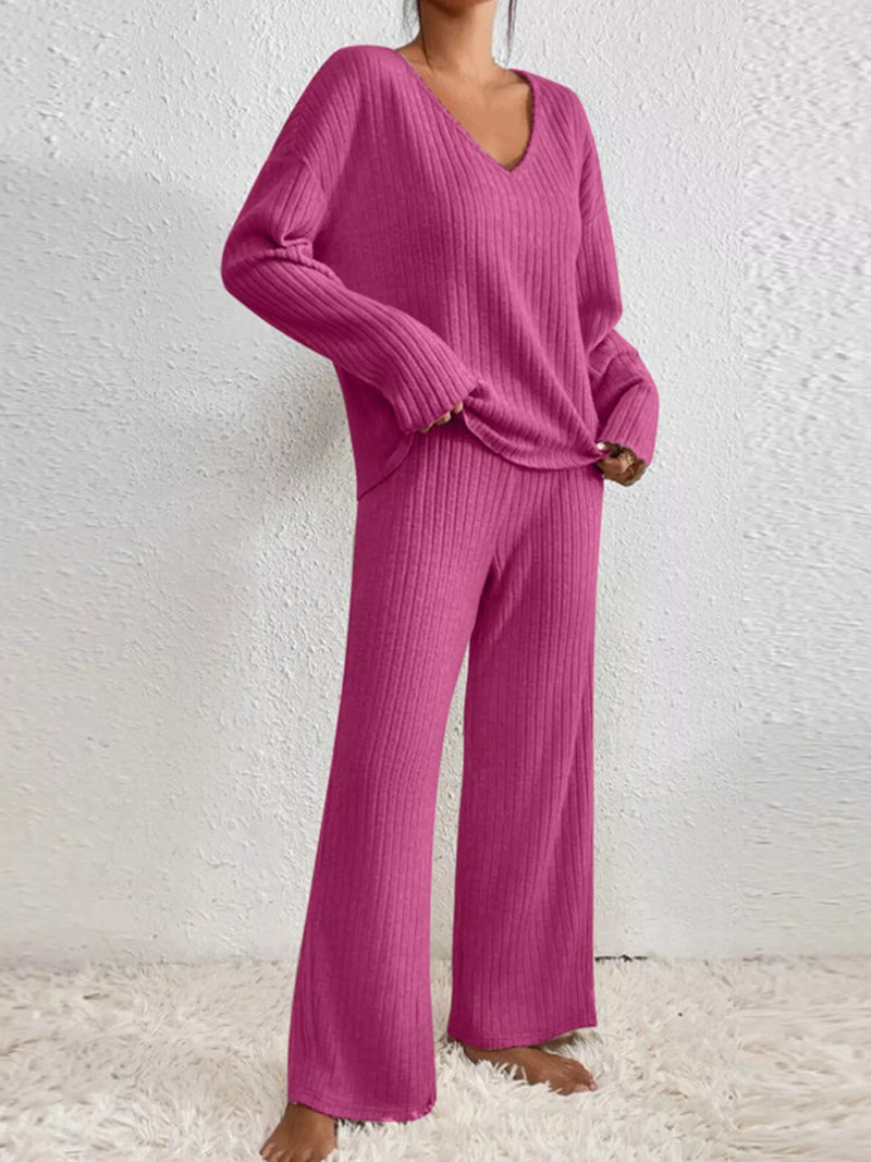 Ribbed knit V neck top and pants set front view