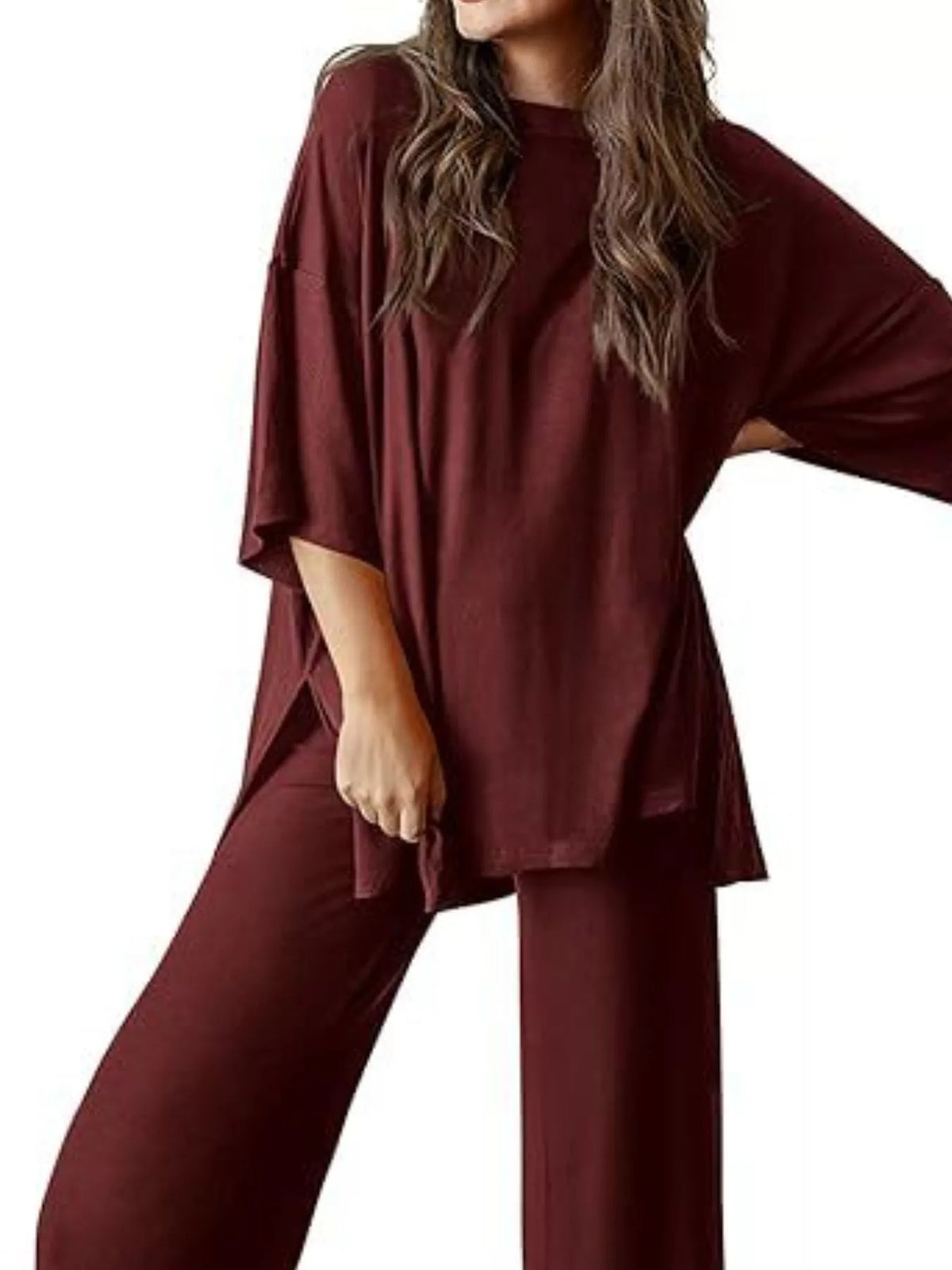 Relaxed Fit Round Neck Top and Pants Set, view 29