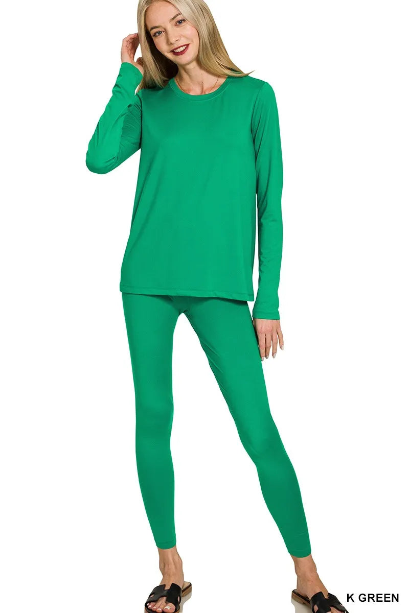 Zenana Microfiber Round Neck Top and Leggings Set K GREEN - Fashorio