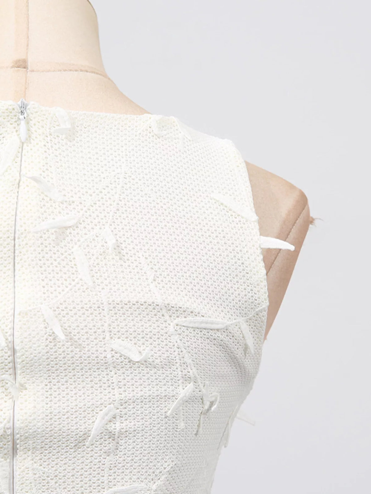 sleeveless floral applique off white midi dress back detail view