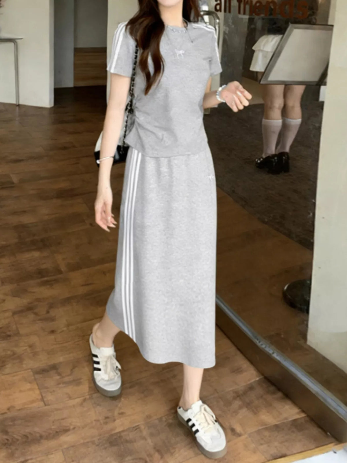 Striped tee and skirt set side view