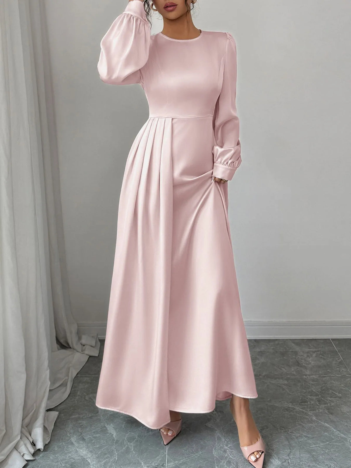 satin long sleeve maxi dress side view