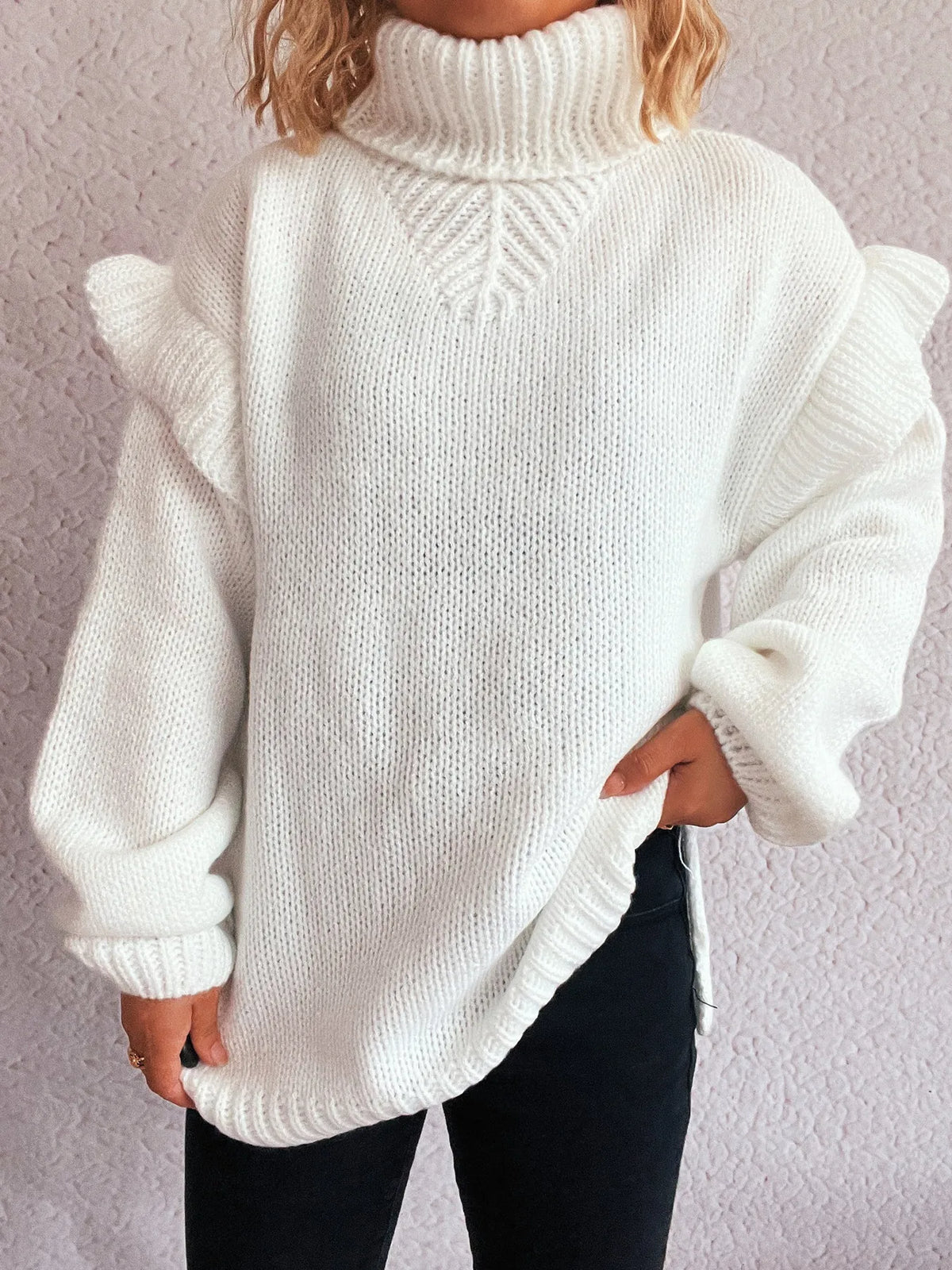 Ruffled turtleneck long sleeve sweater full length view