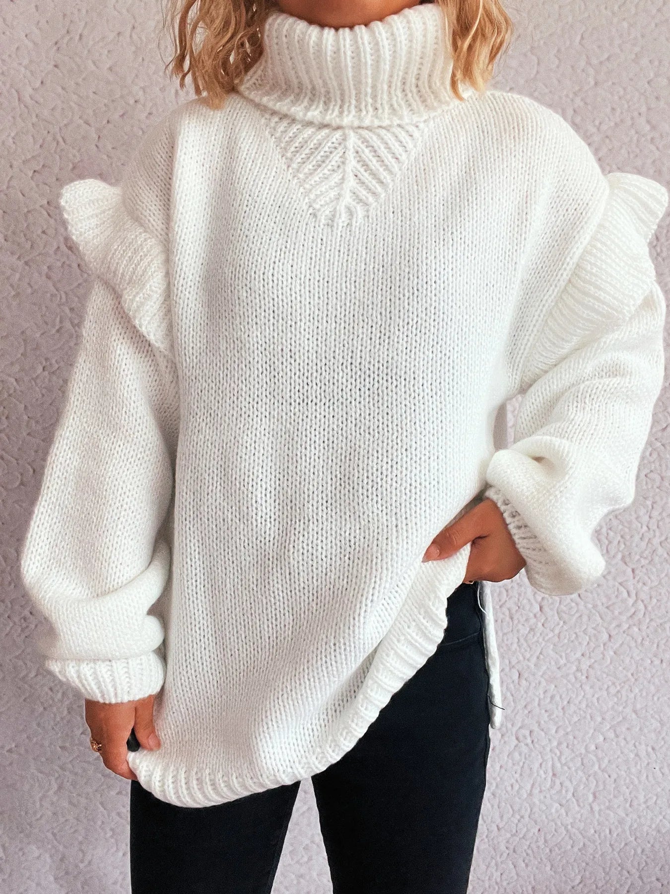 Ruffled Turtleneck Long Sleeve Sweater - Fashorio