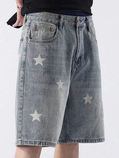 Men's Distressed Star Print Denim Shorts - Fashorio
