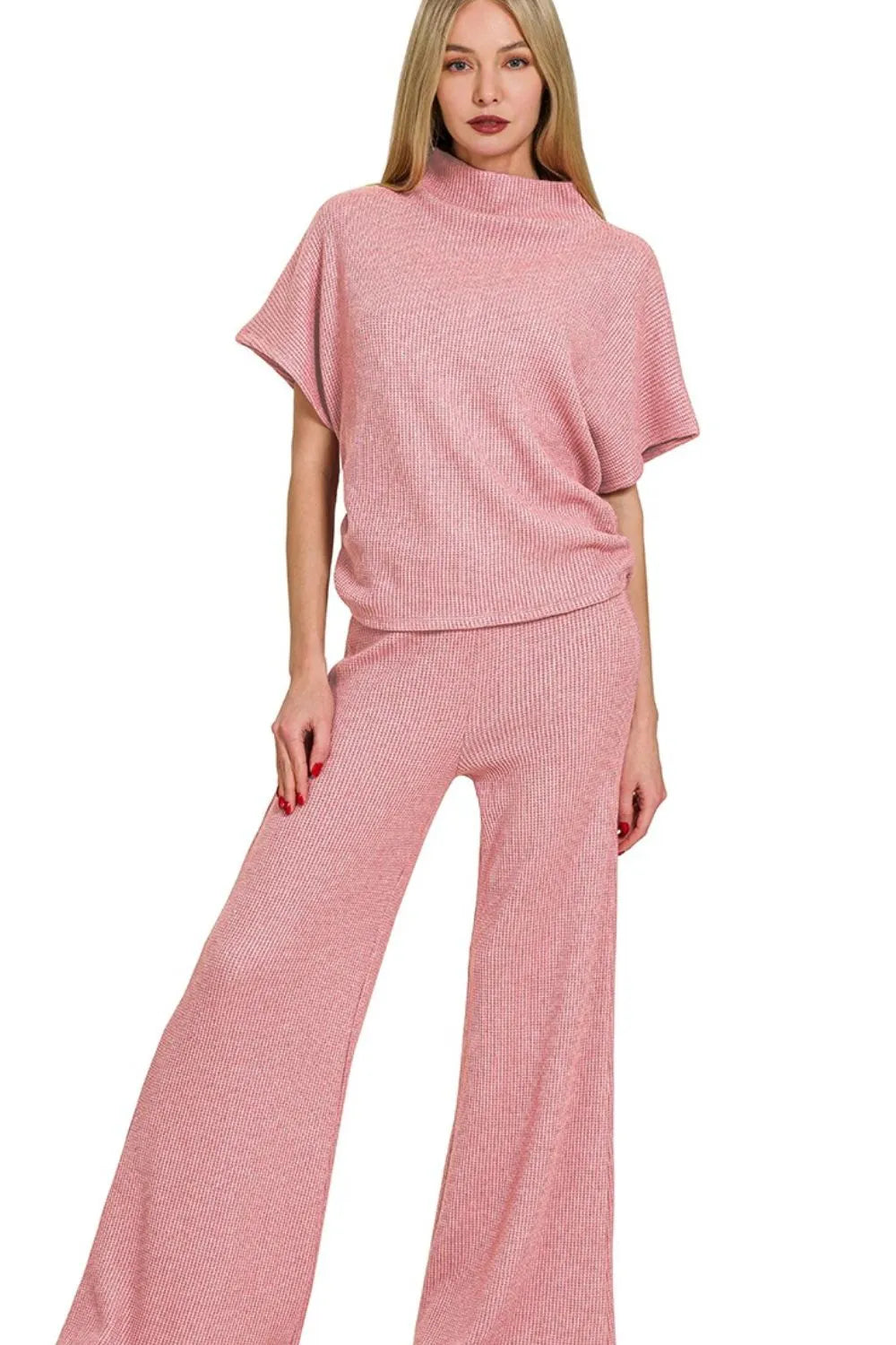 Zenana Sweater Mock Neck Top & Long Pants Set LT ROSE - Fashorio