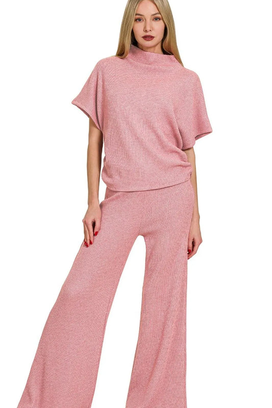Zenana Sweater Mock Neck Top & Long Pants Set LT ROSE - Fashorio