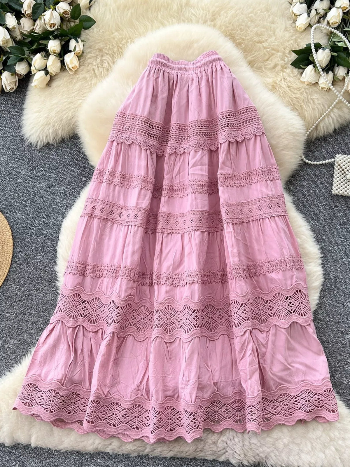 Lace tiered skirt on model