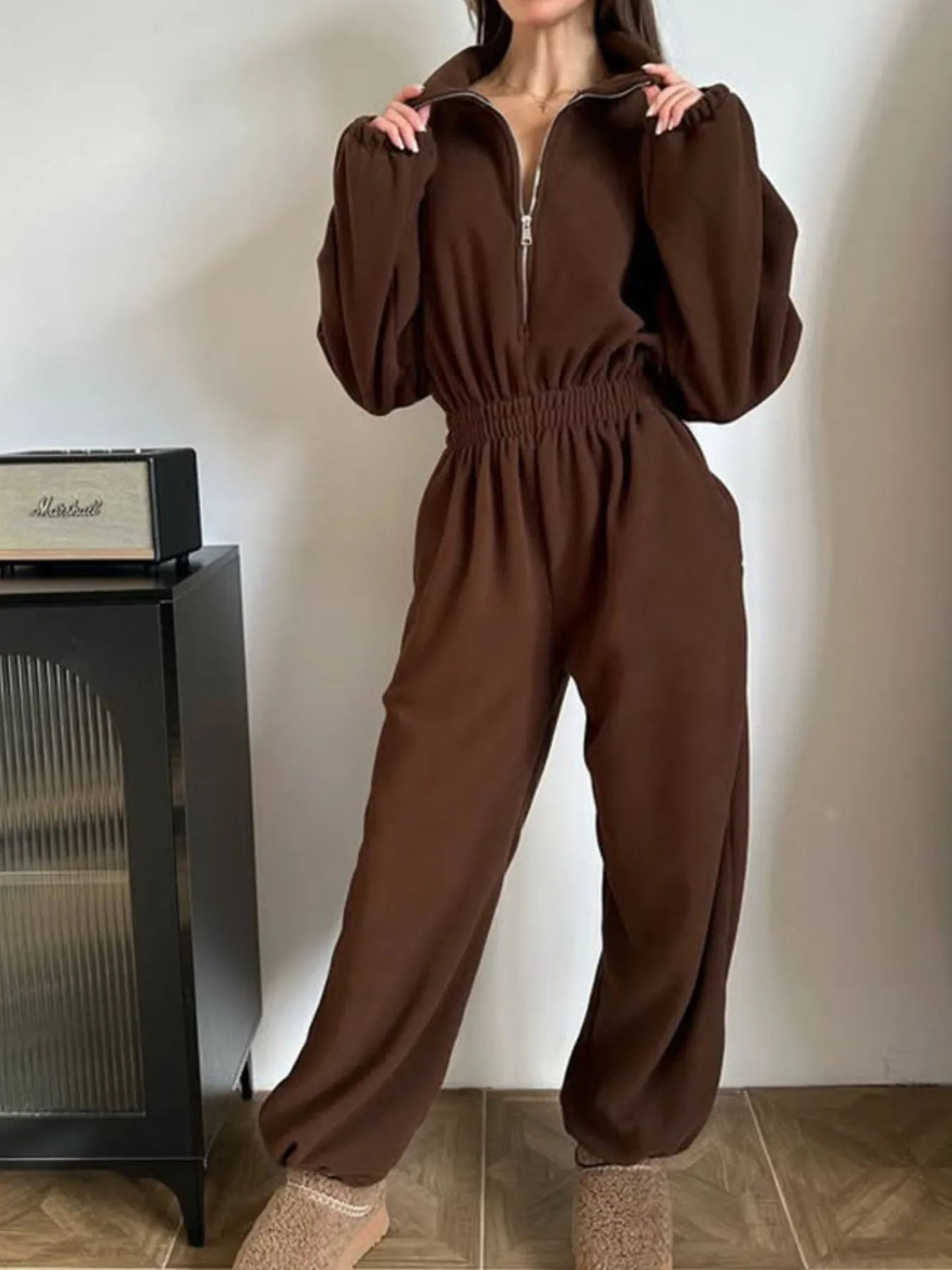 Zip Front Long Sleeve Jumpsuit Brown - Fashorio